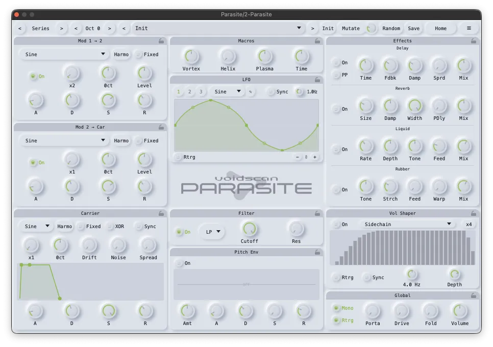 The Parasite advanced panel: three operator sections with envelopes, four macros, a drawable LFO, filter and pitch envelope, delay, reverb, Liquid and Rubber, a volume shaper and global controls
