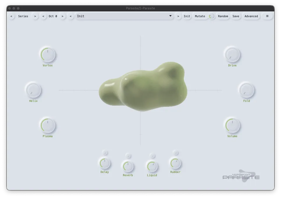 The Parasite home panel: a raymarched creature in the middle, with Vortex, Helix and Plasma on the left, Drive, Fold and Volume on the right, and Delay, Reverb, Liquid and Rubber along the bottom